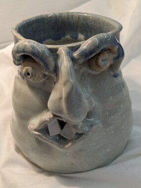Ugly Face Handcrafted Pottery Mug Signed Blue Gray Glaze 4 3/4" Tall Perfect